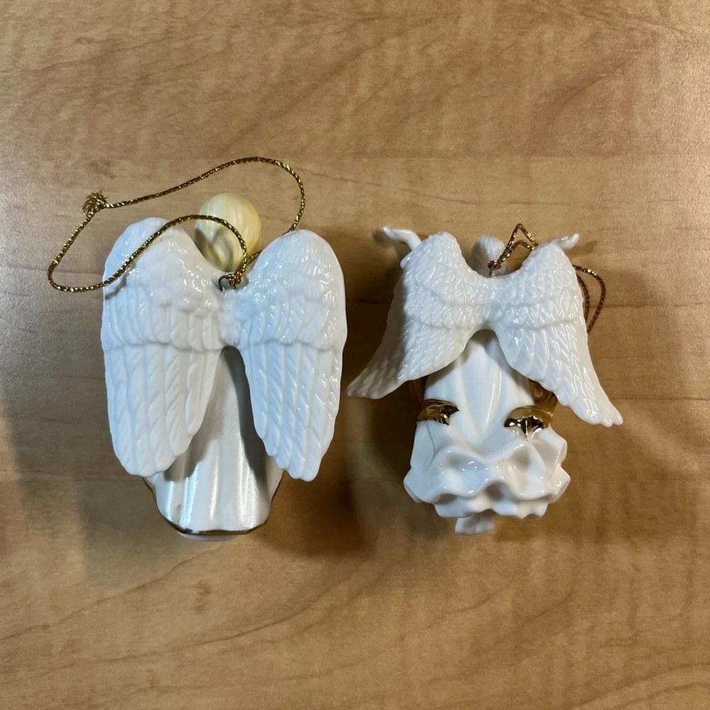 2 Ceramic White Gold Christmas Angel Ornaments